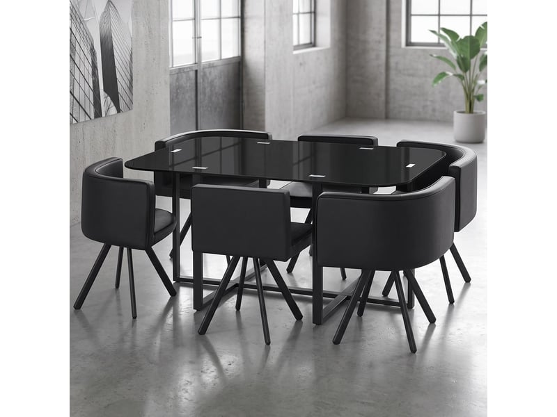  Table 90x150cm avec 6 sièges gain de place mosaic xl verre noir et métal noir Mosaic - Conforama B