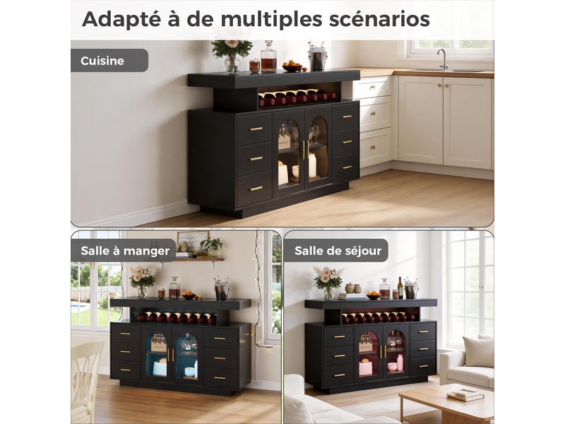Meuble de cuisine muvano noir, armoire à vin avec éclairage led, six tiroirs, 140 × 40 × 82 cm - Conforama B