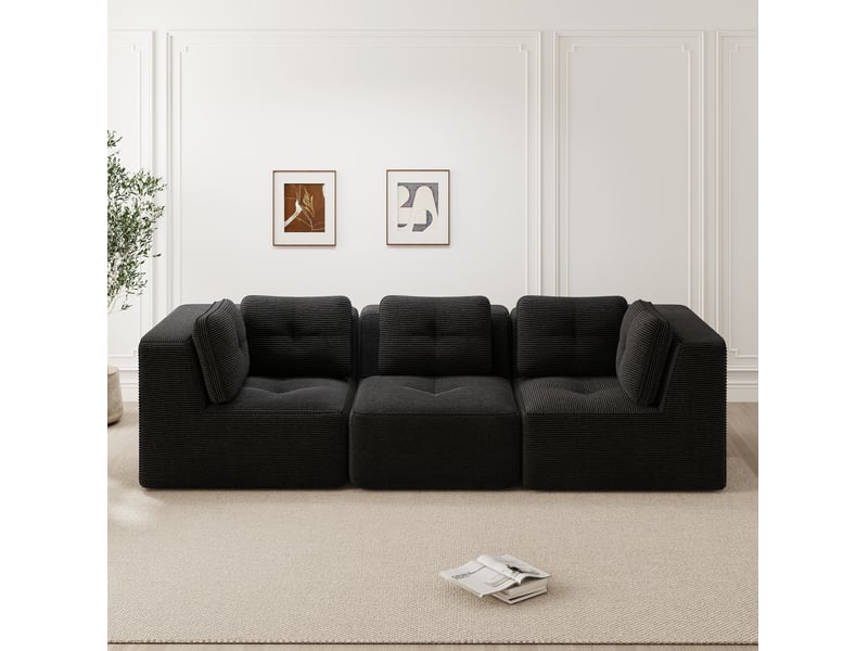  Canapé 3 places modulaire sans cadre en velours côtelé noir, assise profonde  - Conforama B