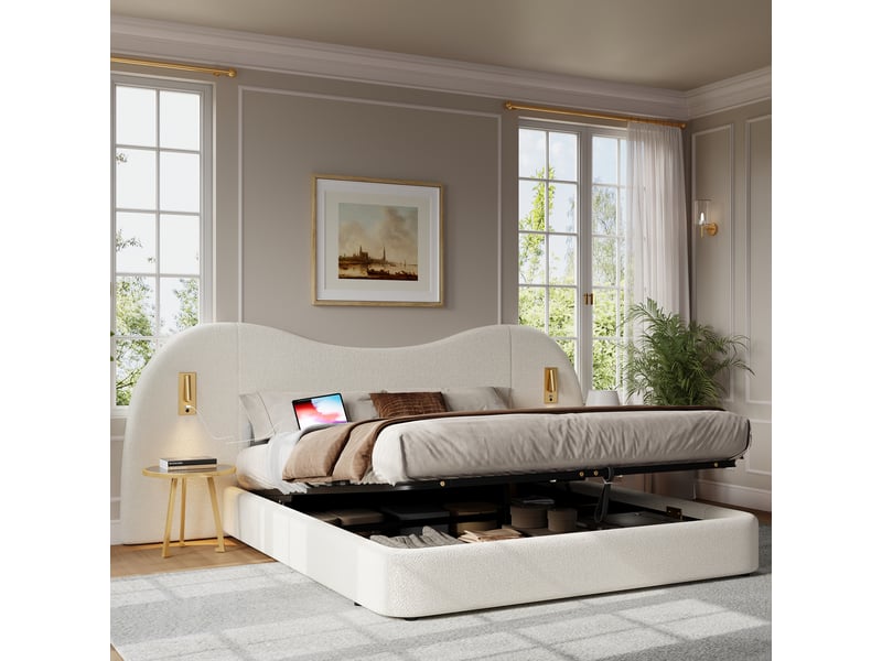  Lit coffre double 180 x 200 cm avec lampes de lecture et usb, lit rembourré, structure anti-glissement, structure stable, bouclé, blanc Morn Vibe - Conforama D