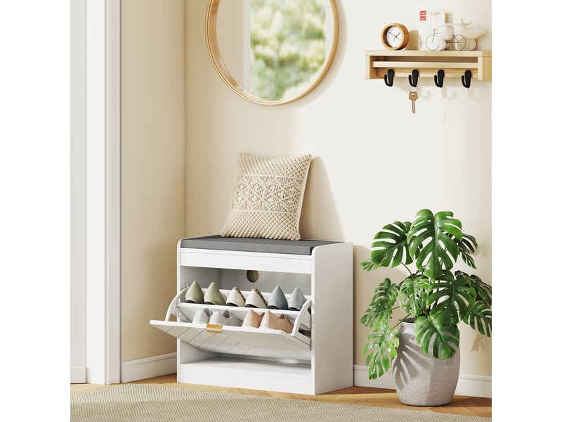  Banc à chaussures, banc de rangement, assise rembourrée, tiroir rabattable, porte avec motif 60 x 26 x 52,5 cm, blanc  - Conforama D