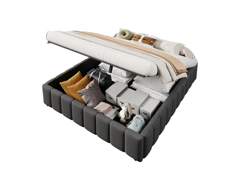  Sommier coffre 140x200 cm avec rangement, lin et mdf, gris, sans matelas  - Conforama A