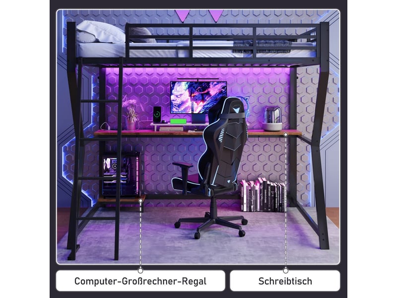  Lit mezzanine 90x200cm en métal avec bureau, étagère pour console, bande led et prises usb intégrées - noir (sans matelas)  - Conforama D
