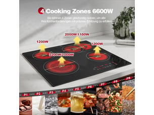 Plaque de cuisson vitrocéramique 4 foyers, table électrique encastrable 60 cm, 6600 w, zones double et ovale, tactile