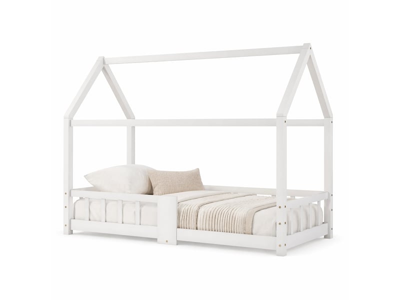 Lit cabane enfant 200×90 cm avec barrières, tableau et sommier à lattes, sans matelas, en pin et mdf blanc - Conforama A