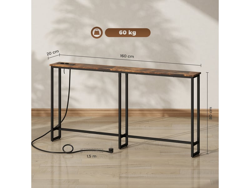  Table console étroite style industriel avec prises de courant et usb, pour salon entrée couloir, marron, 160x20x80cm  - Conforama C