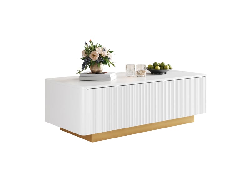  Table basse avec 2 tiroirs et front texturé, espaces de rangement ouverts, coins arrondis pour salon, 110 × 50 × 35 cm, en mdf, blanc  - Conforama A