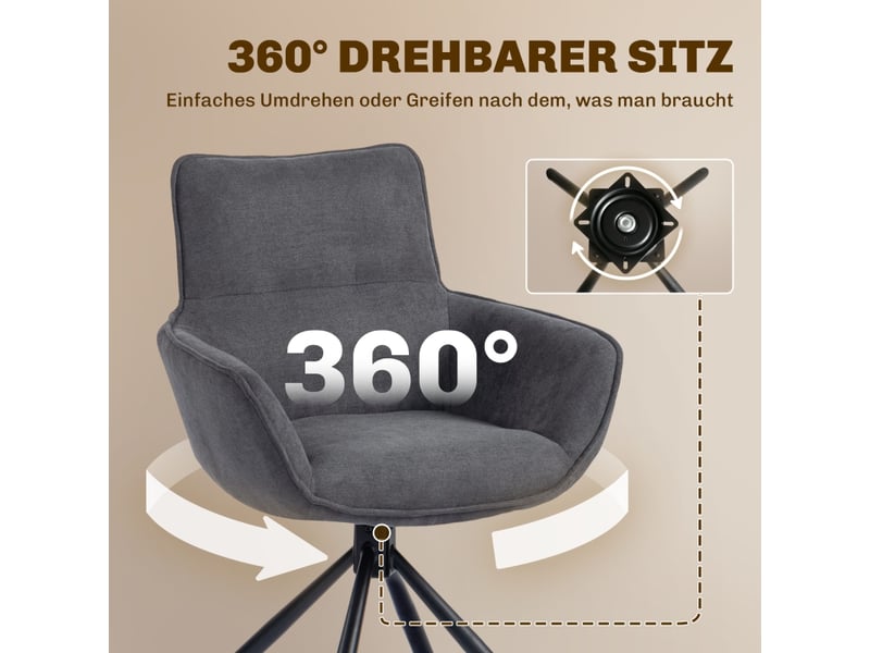  Lot de 2 chaises de salle à manger pivotantes 360° avec accoudoirs  - pieds métal, velours gris foncé  - Conforama E