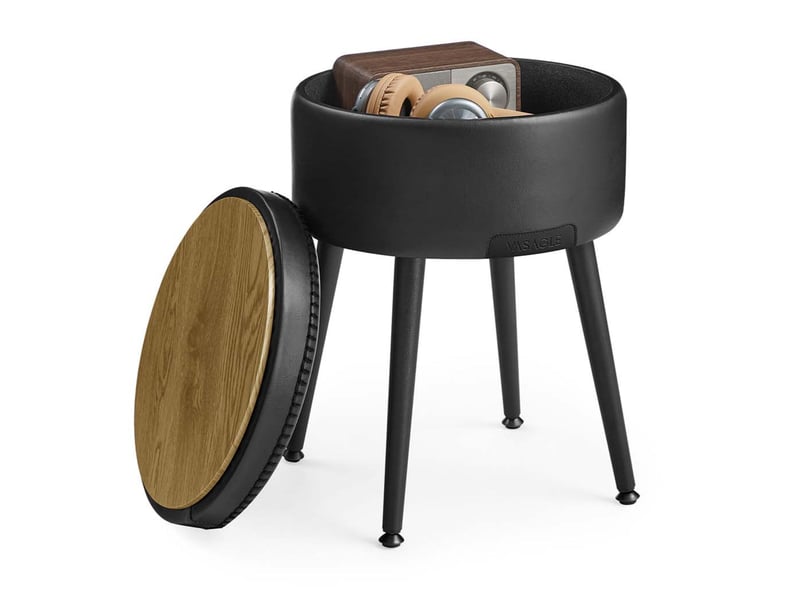  Pouf de rangement tabouret de coiffeuse pu avec coutures moderne mi-siècle tabouret de rangement rond avec pieds en acier capacité 150 kg noir 12_0005359  - Conforama A
