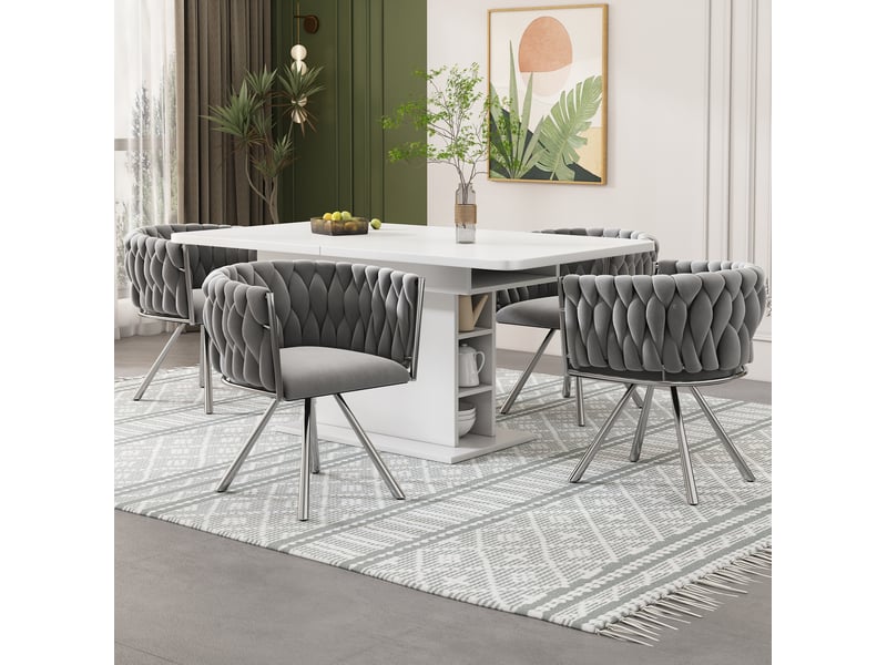 Chaise de salle à manger pivotante, lot de 6, dossier incurvé et pieds en acier, en velours gris et argenté  - Conforama D