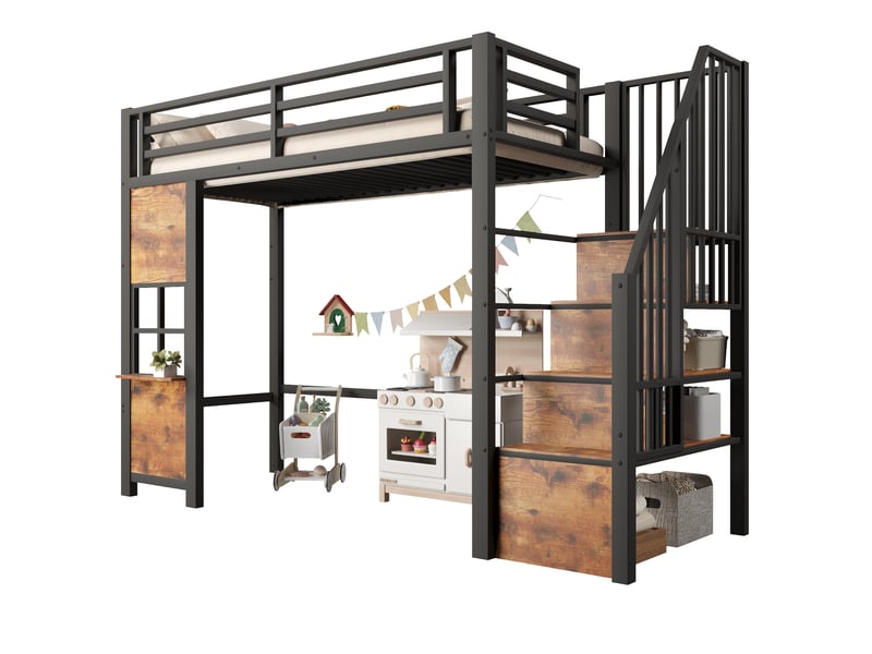 Lit mezzanine 140x200 cm – avec escalier rangement espace jeu et fenêtre décorative – métal et mdf – noir CozyNest - Conforama A