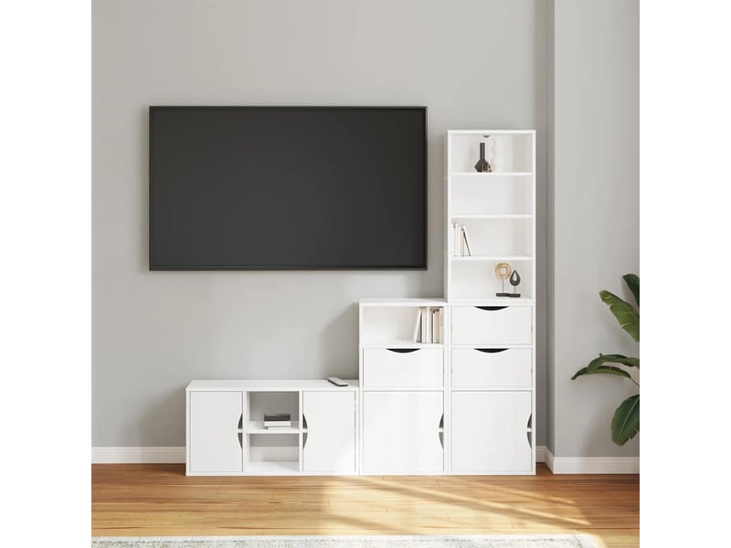  Lot de 4 meuble tv bas salon avec rangement odda blanc bois de pin massif  - Conforama C