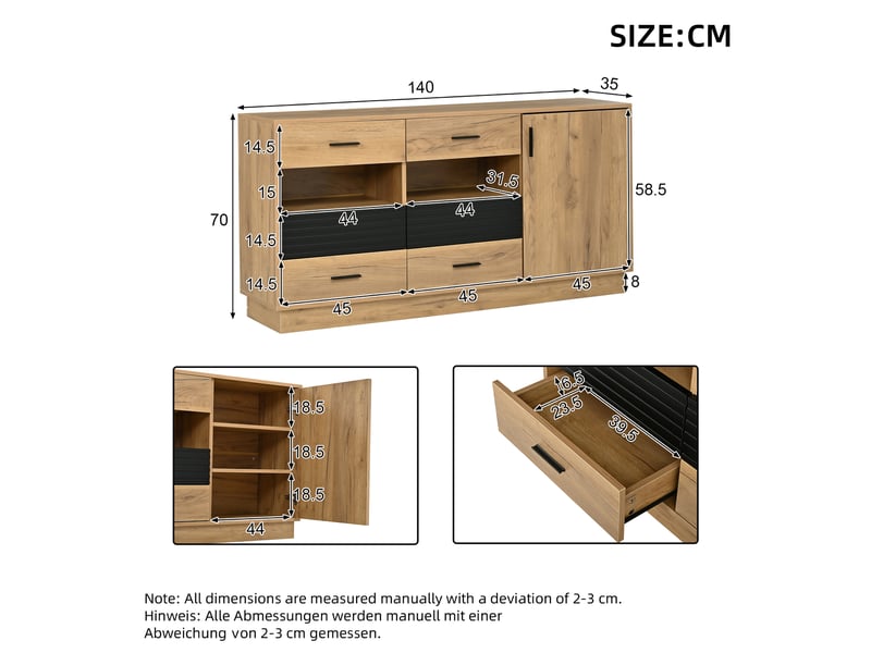 Buffet bas 140x35x70 cm avec 6 tiroirs et 1 porte, meuble de rangement salon avec niches ouvertes, design bois et noir - mdf chêne - Conforama C