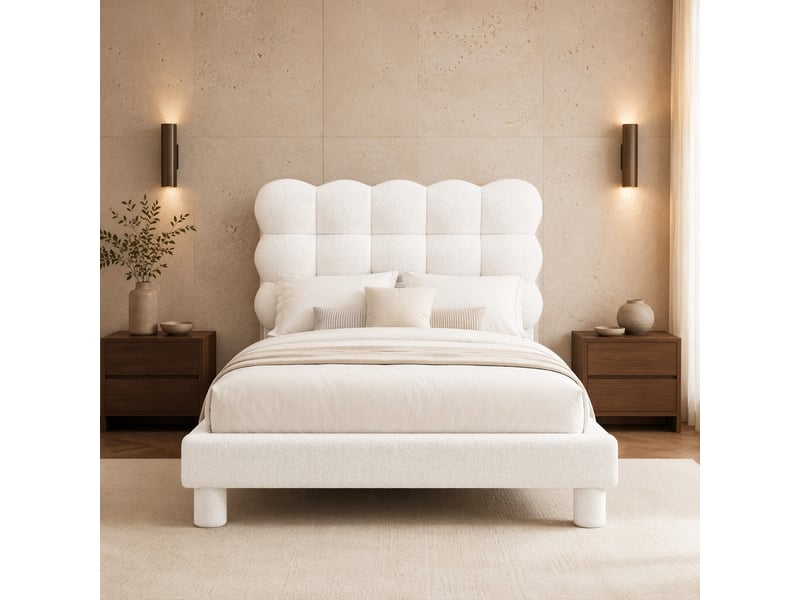  Lit simple rembourré 90x200 cm en peluche et mdf avec tête de lit réglable sur 3 positions, blanc, sans matelas  - Conforama B