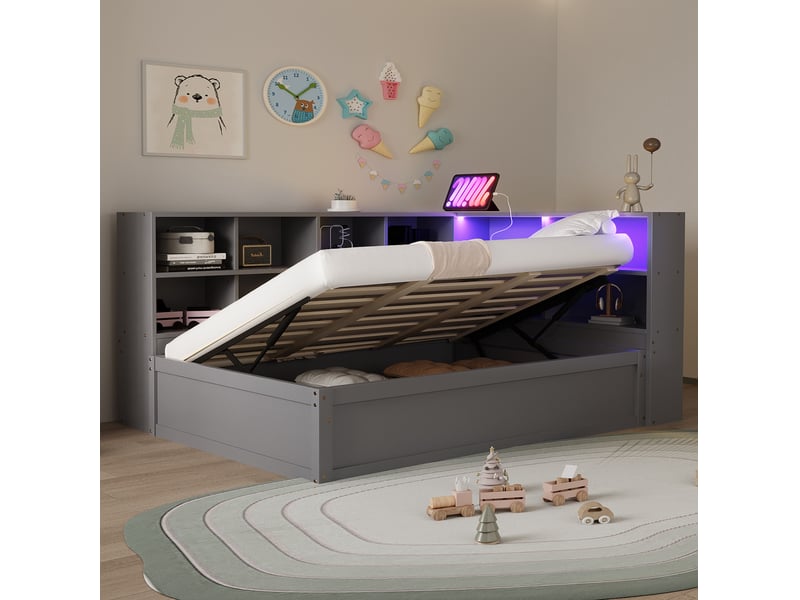  Lit multifonctionnel 90x200 cm, bois, rangements, éclairage led et prise, gris, sans matelas  - Conforama D