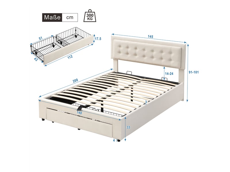 Lit coffre rembourré 140 x 200 cm, rangement hydraulique, 2 tiroirs, tête de lit, sommier à lattes en bois, velours, beige Bliss Lite - Conforama C