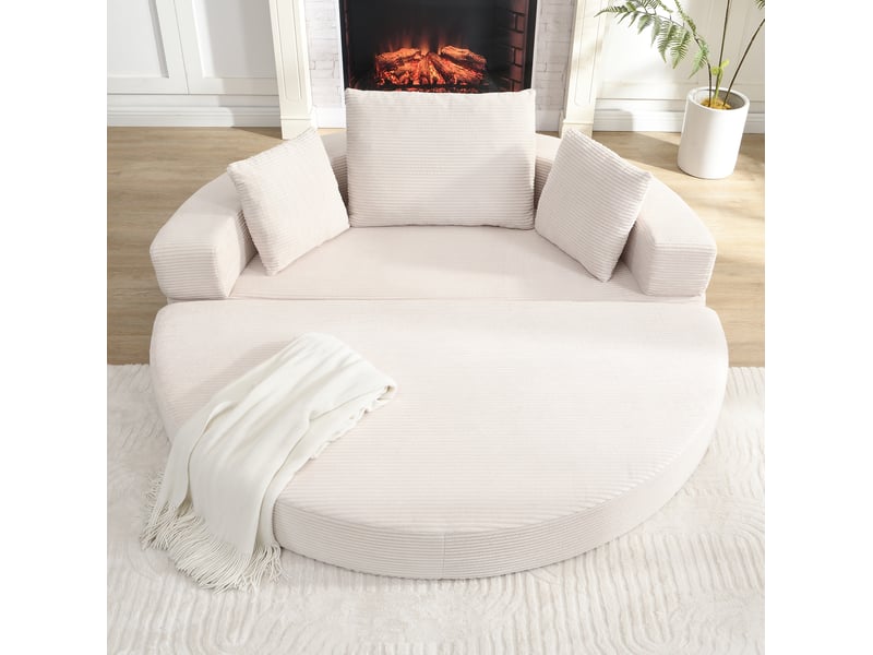  Canapé convertible 2 places avec lit d'appoint, 3 coussins et dossier enveloppant en velours côtelé beige clair 173 × 176 cm  - Conforama B
