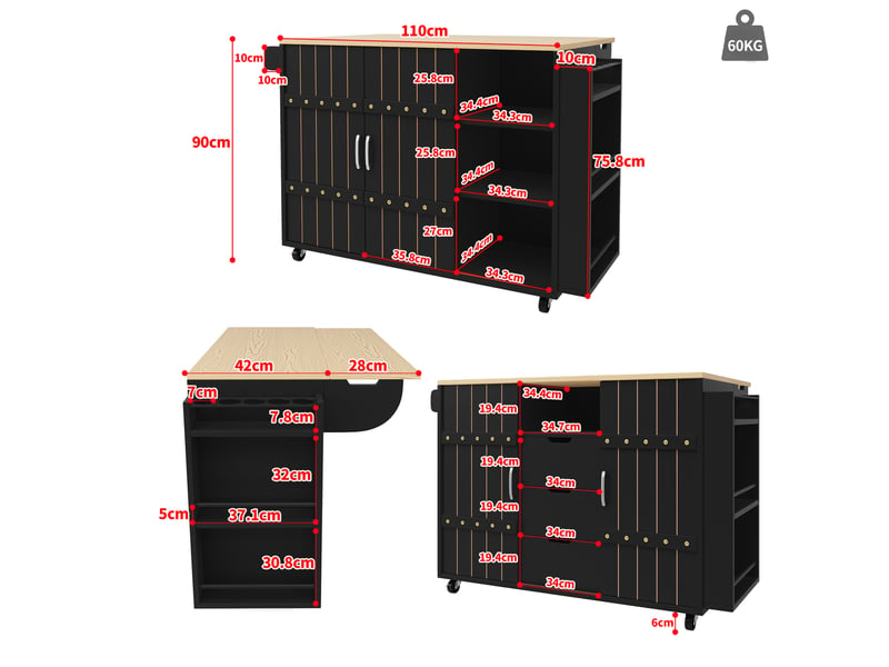  Desserte de cuisine 110x42x90 cm noire avec plateau rabattable et portes coulissantes  - Conforama C