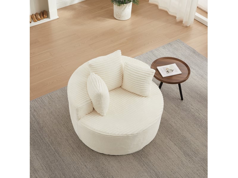  Fauteuil lounge rond 1 place en velours côtelé, ø 110 cm, beige, avec 3 coussins  - Conforama E