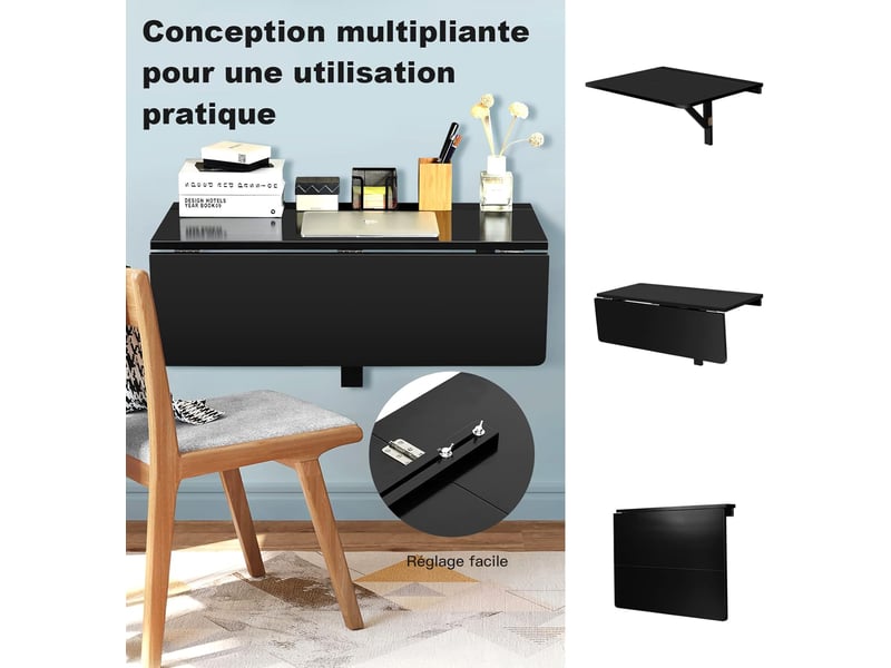 Costway table pliante cuisine table rabattable murale-double plateaux pliable 80×60cm(l x l) pour entrée bureau cuisine-noir  - Conforama E