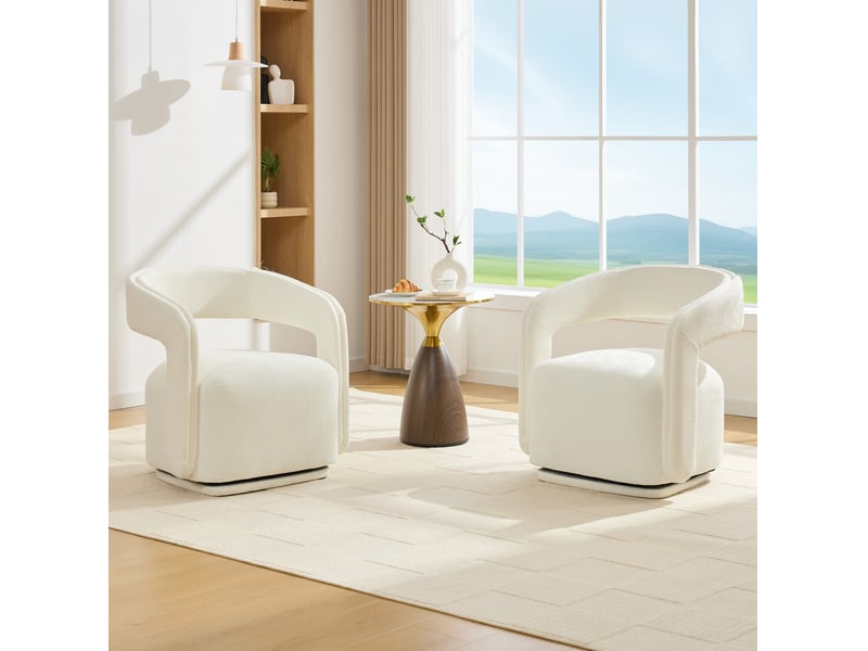  Fauteuil 70x65,5x74 cm, pivotant 360°, design tonneau, confort ergonomique, tissu chenille, canapé une place, blanc  - Conforama D