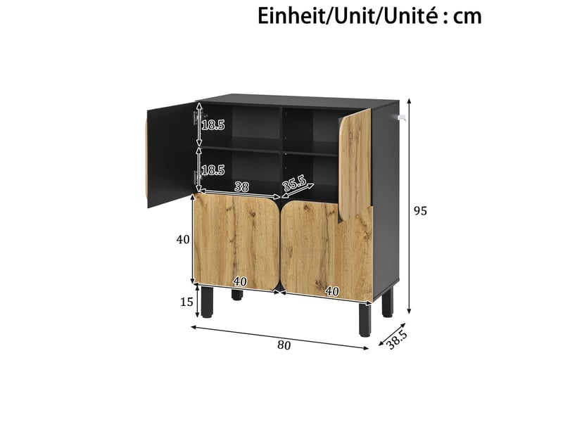 Meuble à chaussures 4 portes avec étagères réglables et fermeture amortie, noir et décor bois naturel  - Conforama C