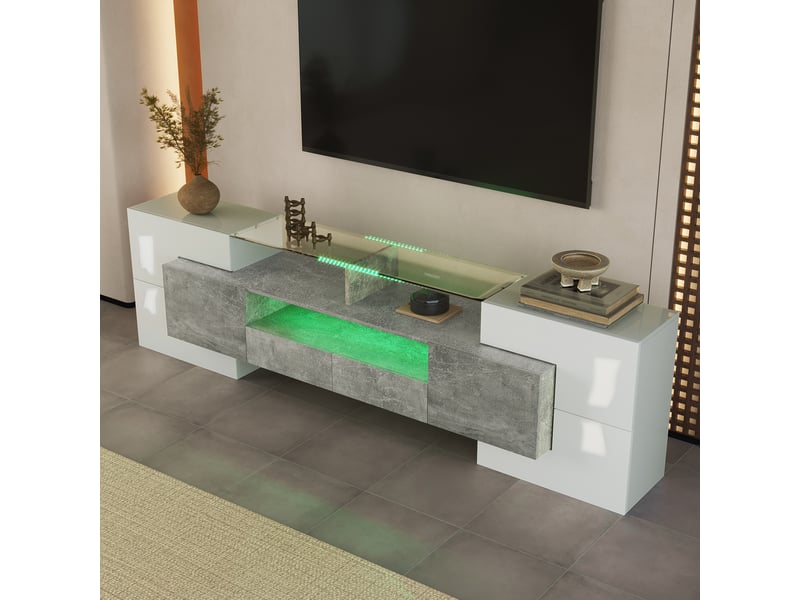  Meuble tv 200 cm blanc brillant et gris avec led app, meuble tv moderne 6 portes 2 tiroirs pour écran 60-69 pouces  - Conforama W