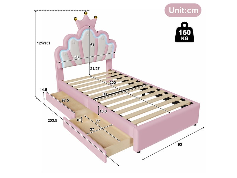 Lit enfant 90x200 cm avec led, tiroirs, sommier et tête réglable, lit princesse, pu rose, sans matelas - Conforama C