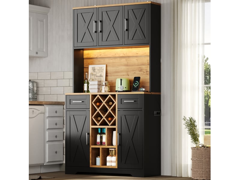 Meuble haut de cuisine 105x40x180 cm avec led et porte-bouteilles naturel et noir - Conforama B