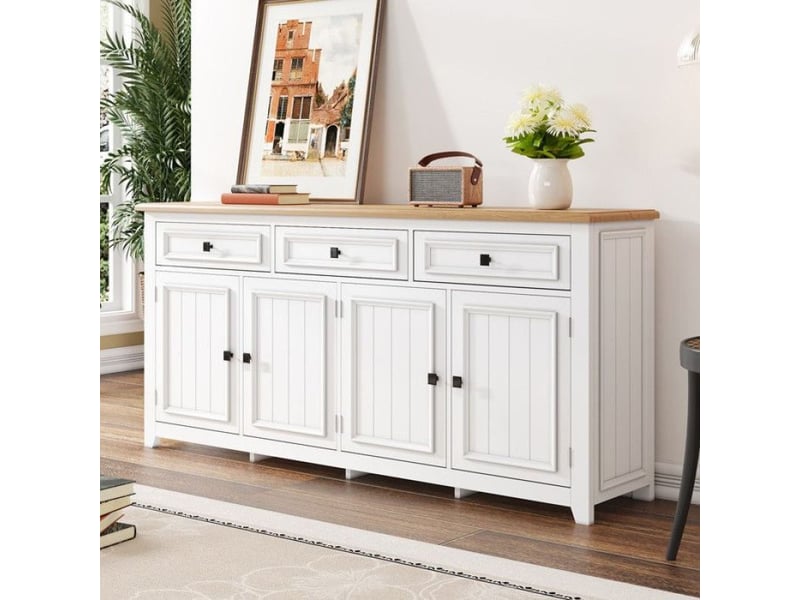  Buffet moderne, minimaliste moderne, 160x35x76 cm, 4 portes et 3 tiroirs, finition grain de bois, grand espace de rangement, buffet blanc sell-17897142677931 - Conforama B