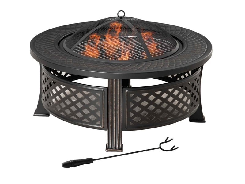 Brasero de jardin en acier 81 x 81 x 50 cm – noir – 2 en 1 chauffage et barbecue avec tisonnier  - Conforama A