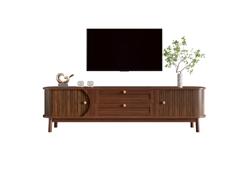  Meuble tv moderne – effet bois, tiroirs et rangements intégrés, coins arrondis, pieds en bois massif  - Conforama A