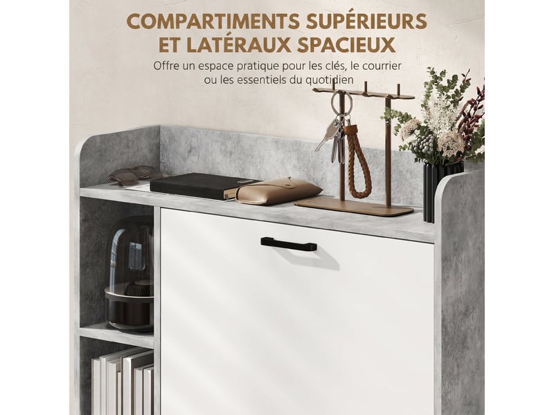  Meuble à chaussures 15 paires, armoire à chaussures moderne avec 2 tiroirs rabattables, blanc et gris, 83x24x90,5cm  - Conforama R