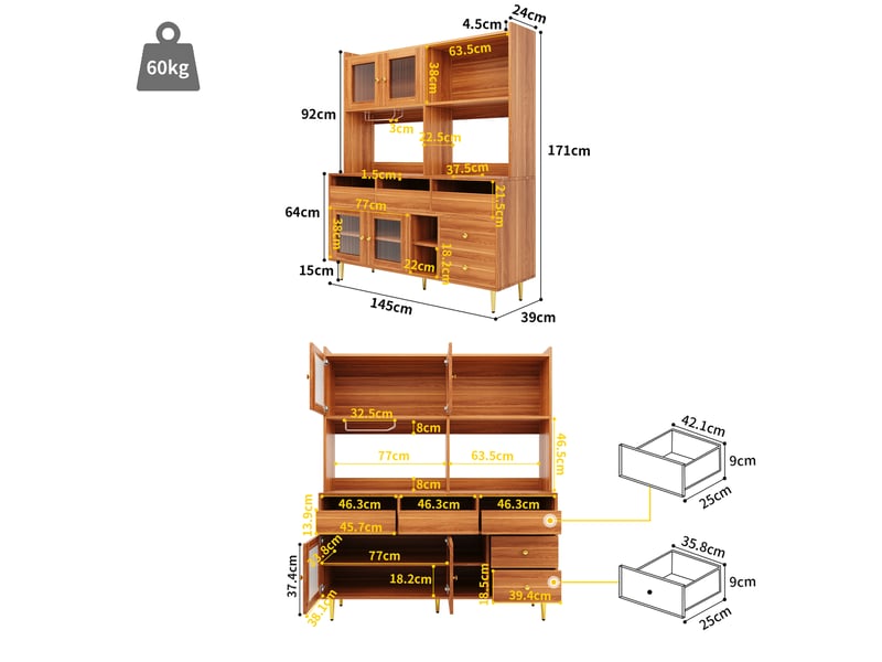  Buffet haut aspect bois et décor doré, 145x39x171 cm, mdf, verre cannelé, porte-verres et rangement pour salle à manger  - Conforama B