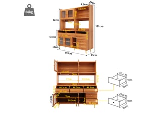 Buffet haut aspect bois et décor doré, 145x39x171 cm, mdf, verre cannelé, porte-verres et rangement pour salle à manger