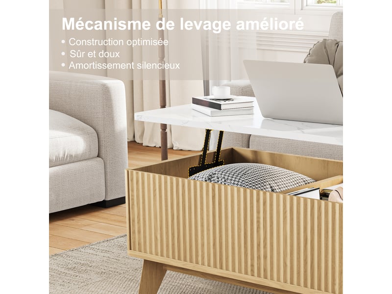  Table basse relevable avec rangement effet marbre blanc et bois clair  - Conforama E