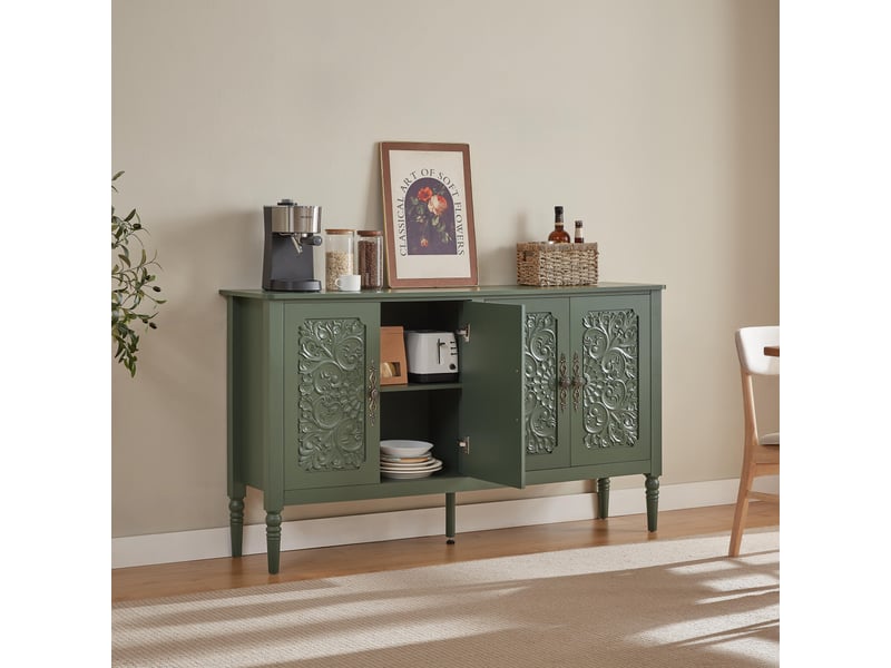 Buffet vintage 160x40x89 cm avec portes à relief sculpté 3d,angles arrondis,pieds tournés,poignées effet laiton,vert vintage - Conforama C