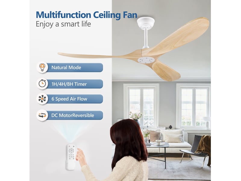  Ventilateur de plafond 60 pouces sans lumière, bois naturel, étanche, grand format, design mid-century pour terrasse, salon, garage et pavillon  - Conforama D
