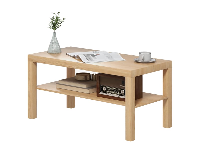  Table basse de salon, table d'appoint rectangulaire à 2 niveaux avec étagère de rangement, 90x45x44,5cm, bois naturel  - Conforama A