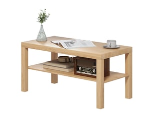 Table basse de salon, table d'appoint rectangulaire à 2 niveaux avec étagère de rangement, 90x45x44,5cm, bois naturel