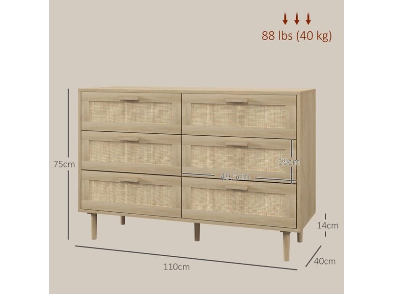  Commode 6 tiroirs meuble de rangement avec tissage en rotin dim. 110l x 40l x 75h cm aspect bois clair  - Conforama C