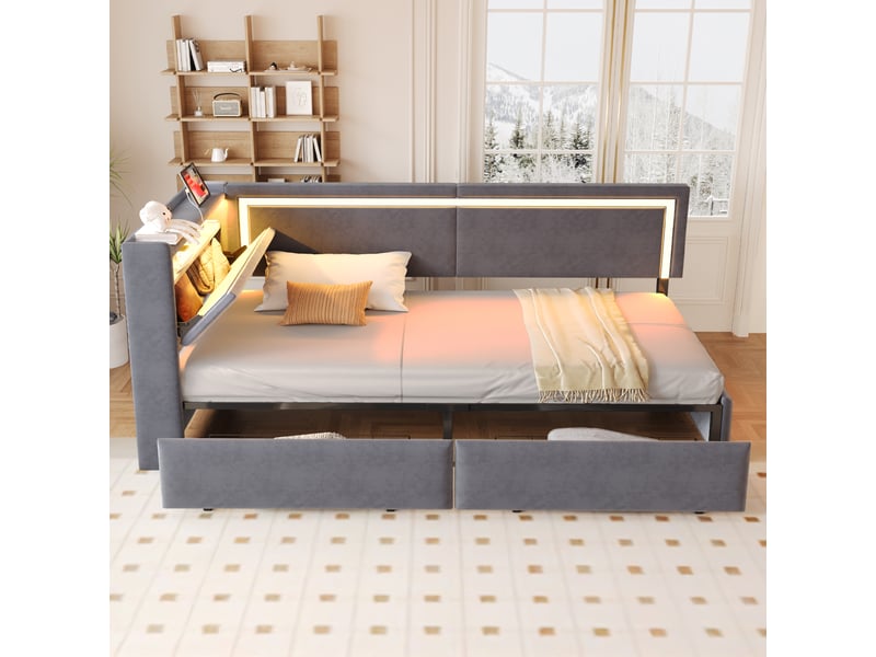  Canapé-lit 90x200 cm avec éclairage led et port usb, gris foncé, lit simple avec tête de lit en velours et tiroirs de rangement  - Conforama D