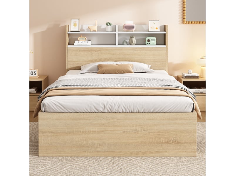  Lit simple 90x200 cm blanc et chêne, rangement tête de lit, 2 tiroirs, 4 niches, bois massif  - Conforama B