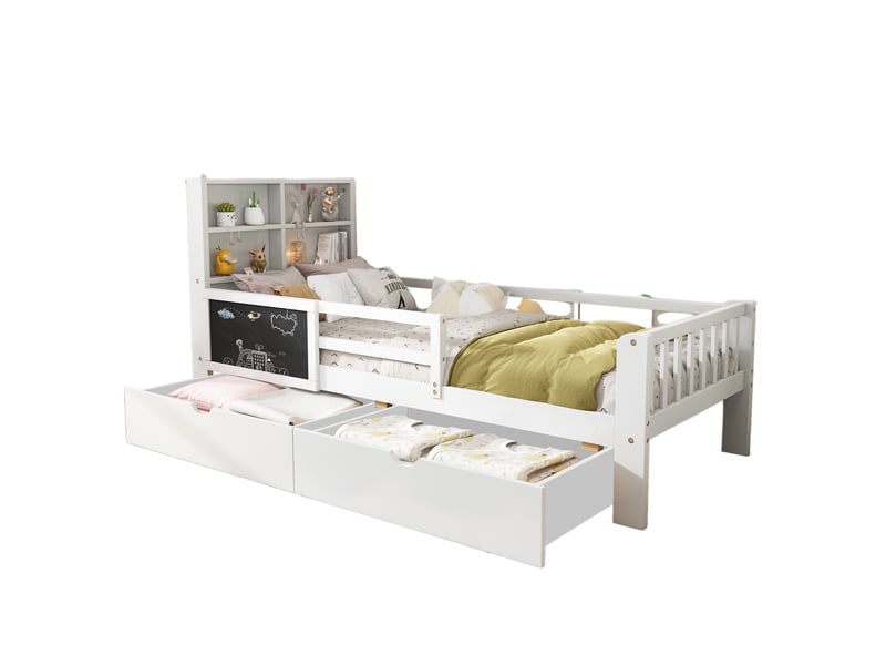  Modenvie lit enfant 90x200 cm - avec tiroirs de rangement et petite ardoise, sans matelas - blanc  - Conforama A