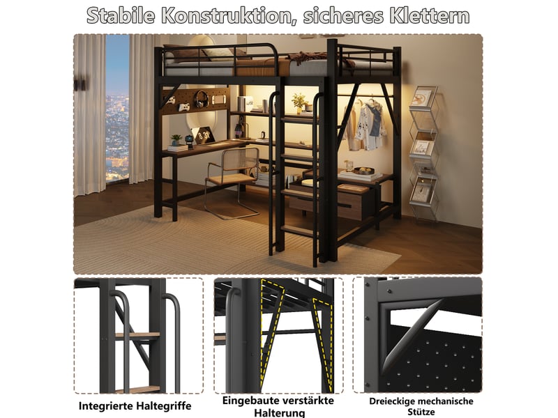  Lit mezzanine 140 × 200 cm 2 places avec bureau, led, usb, étagères et tiroirs, sans matelas, noir  - Conforama E