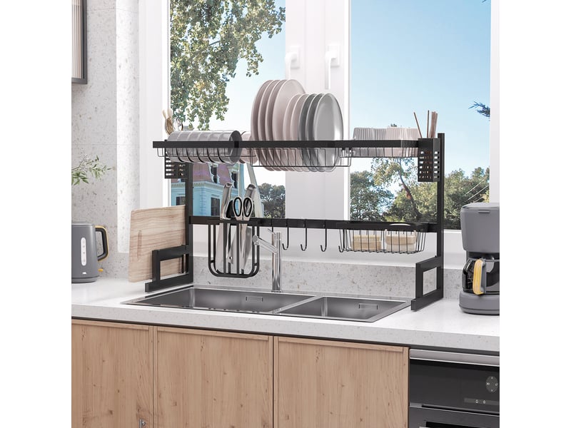  Égouttoir à vaisselle à 2 niveaux avec porte-couteaux et étagère pour planche à découper, 93 x 30 x 52,5 cm, acier noir  - Conforama C