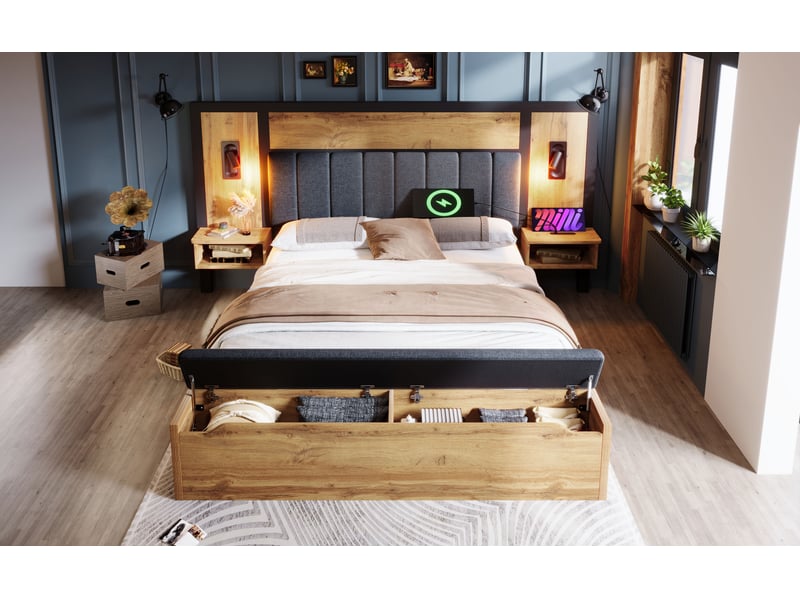  Lit coffre 160x200 cm avec matelas, bois et lin, chêne, rangement et lampe de lecture usb evarich - Conforama D
