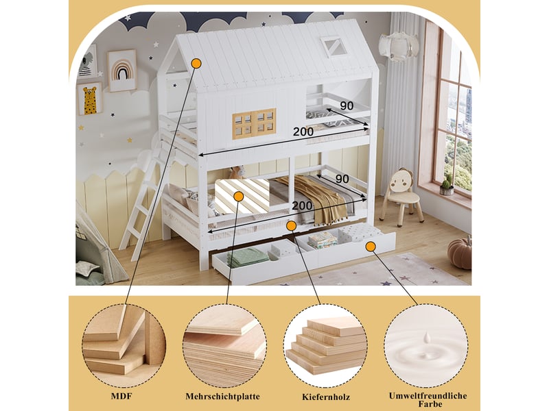  Lit superposé blanc et naturel 90×200 cm, pin, mdf, contreplaqué, toit et fenêtres, échelle, sommiers et 2 grands tiroirs  - Conforama D