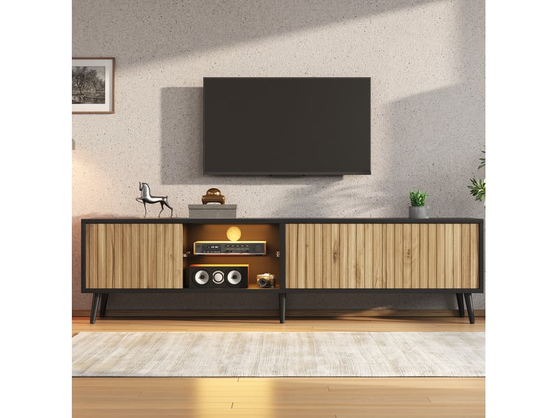  Meuble tv ulevr led avec rangement 175 x 31 x 43,5 cm, 3 portes, jusqu’à 75 pouces, panneau de particules, bois naturel et noir  - Conforama D