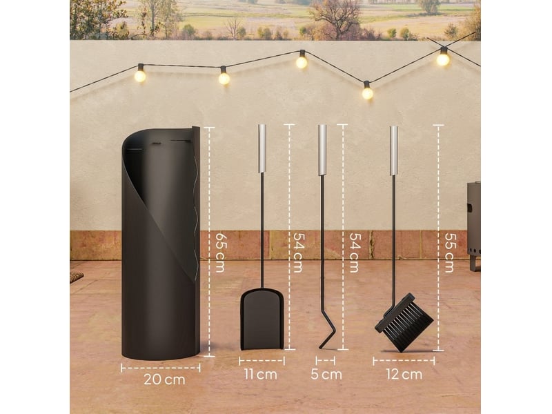  Serviteur de cheminée 4 pièces avec seau de rangement, balai, pelle et tisonnier, métal, argent  - Conforama C